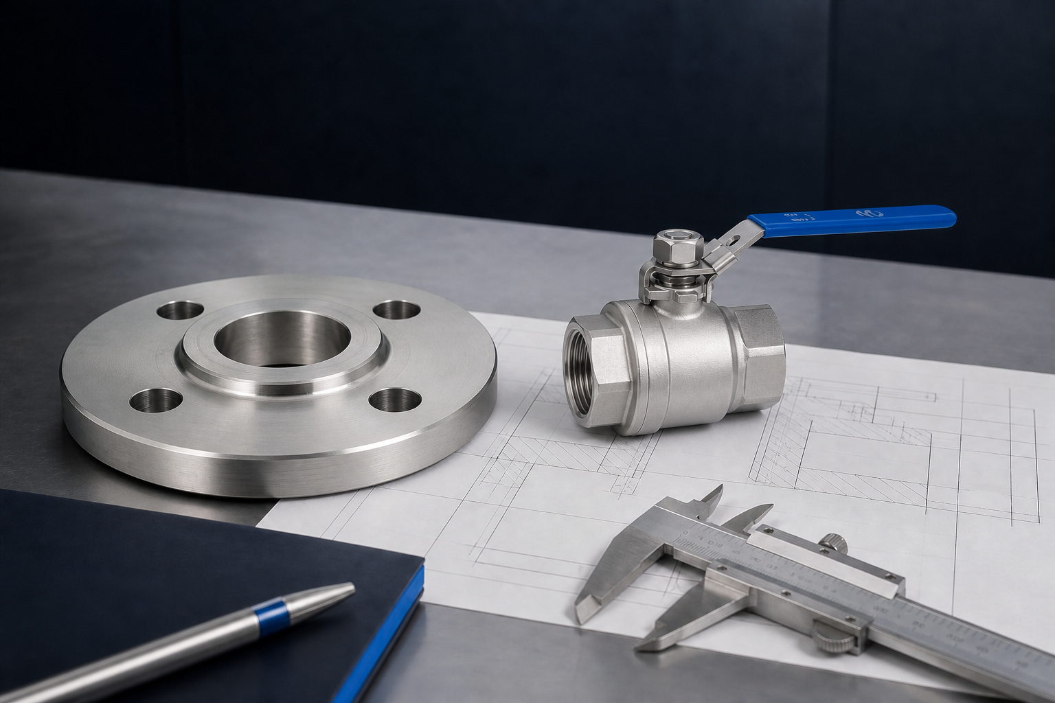 Flange, valve, and caliper on a technical worktable