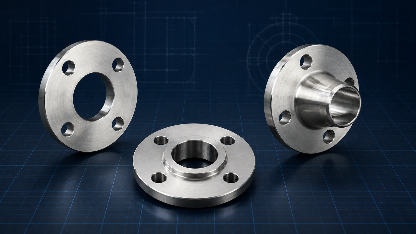 Three industrial flanges on a blue technical drawing